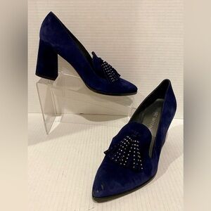 Stuart Weitzman Navy Suede Studded Broom Tassels Block Heel Pointy Loafer Pumps